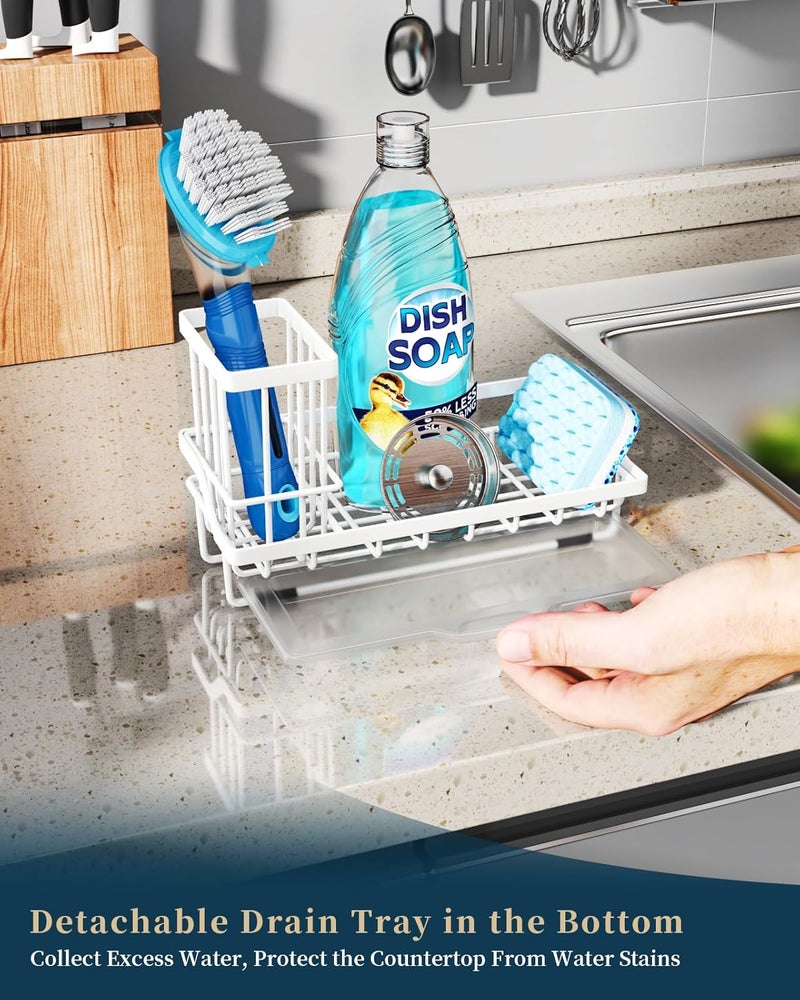 Consumest Sponge Holder for Kitchen Sink - Sink Caddy Organizer with Removable Drip Tray for Countertop Dish Soap Dispenser Brush Storage Kitchen Accessories 304 Stainless Steel, White - Image 4